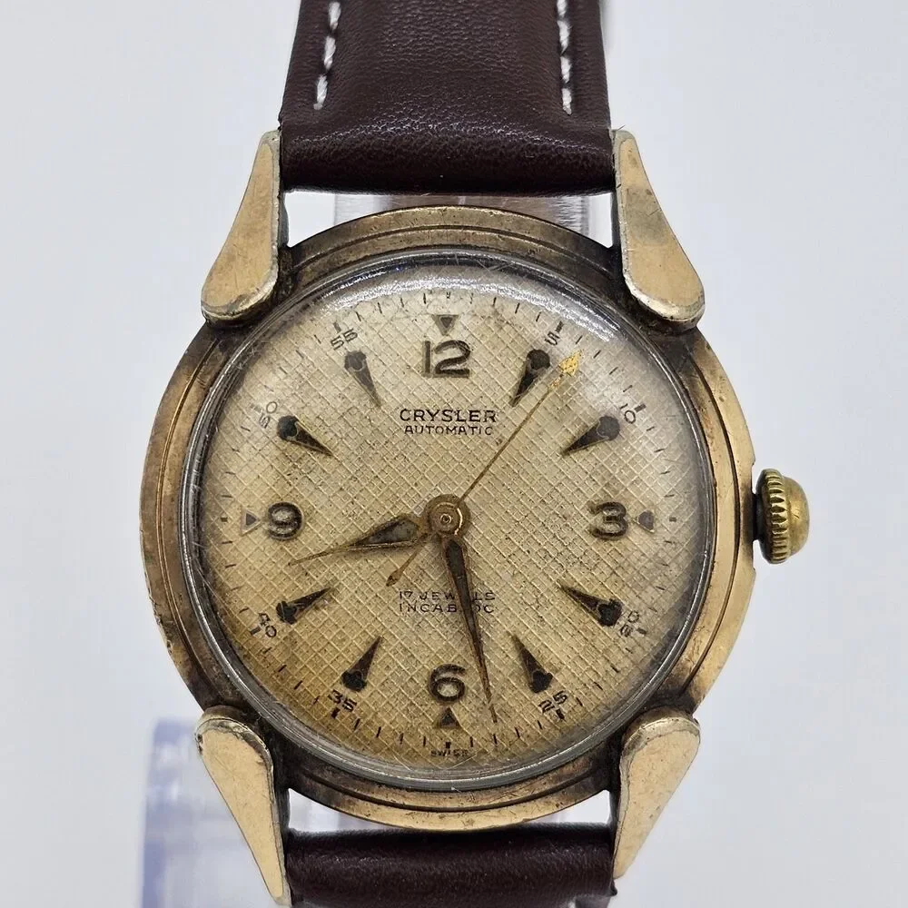 VTG Chrysler Men’s Automatic Watch‎ 34MM Gold Dial Brown Bands READ DESCRIPTION